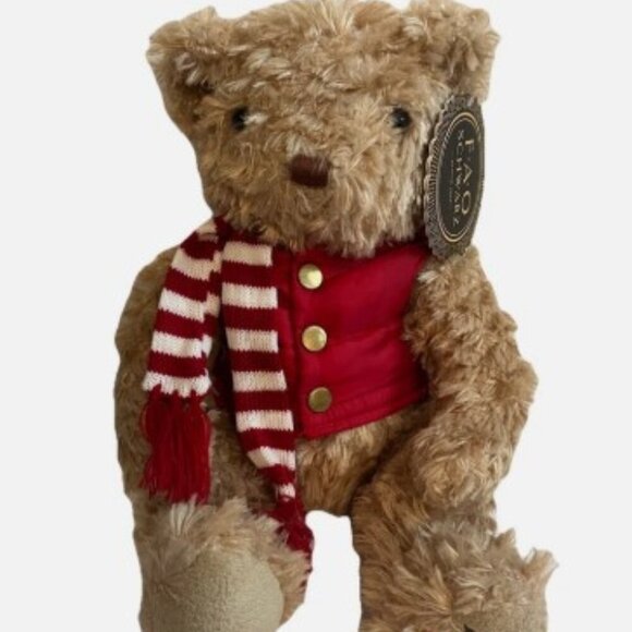 NEW 2018 FAO Schwarz Brown Bear Plush in Red Winter Vest & Scarf - Picture 2 of 7